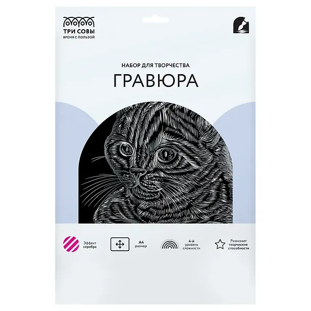 Гравюра с эффектом серебра Три Совы "Полосатый кот", А4 3111605 — 1