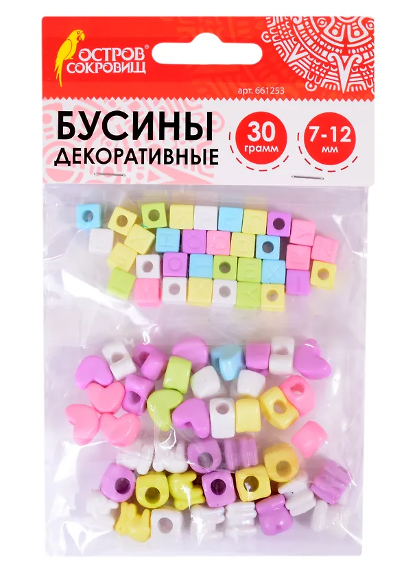 Бусины декоративные Микс №1 (7-12 мм) (30 г) (6 цв) (3+) (661253) (упаковка) (Остров сокровищ) 2851829 — 1