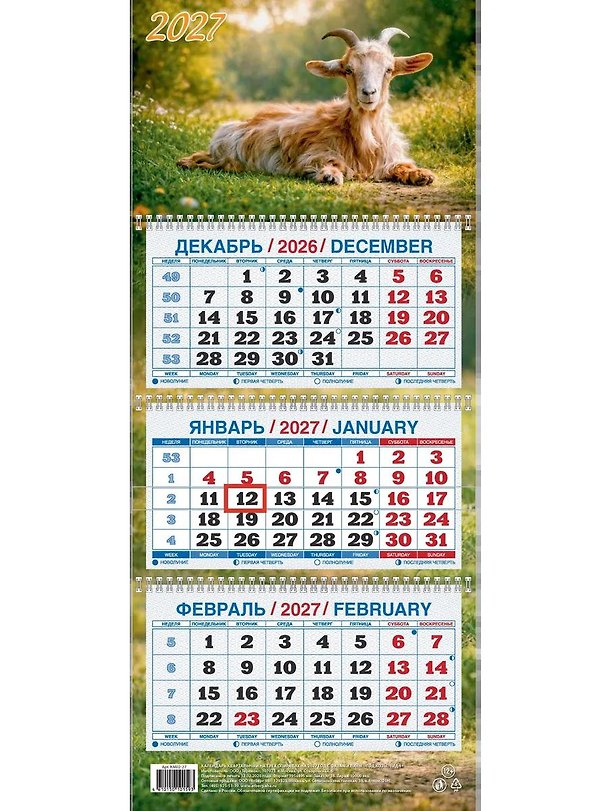 Календарь квартальный 2027г 195*465 "Год Козы. Вид 1" настенный, трёхблочный, спираль 3169741 — 1