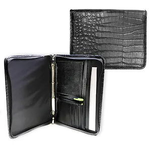 Папка деловая 270*370 кожзам, черная, крокодил, 4 кольца, молния, карман на молнии, Канцбург