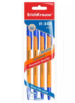 Ручки шариковые Erich Krause, R-301 Orange Stick, синие 0,7 мм 4 штуки — 2928629 — 1