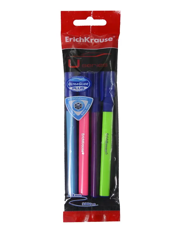 Набор шариковых ручек синих 1 мм, U-109 Stick&Grip Neon, Erich Krause, 4 штуки 3116038 — 1