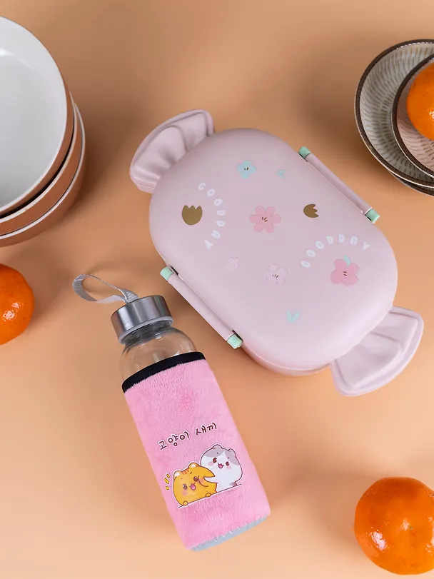 Набор Бутылка в чехле велюр Kawaii Котики Enjoy the little things (стекло) (300мл) (12-07599-KWI2)+Ланч-бокс Кролик Kawaii 1000мл (пластик) (20х13х7) (12-34435-LB5) 3086773 — 9