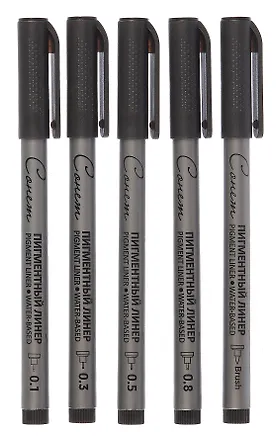 Линеры пигментные 05шт "Сонет" чёрные, 0,1/0,3/0,5/0,8/кисть, Сонет 3100387