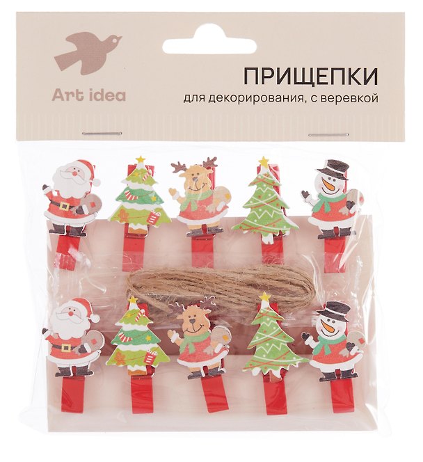 Прищепки декоративные с веревкой Новогодние 10шт (ПР-НГ-3) 3166435 — 1