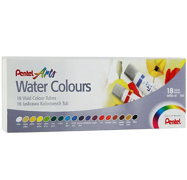 Краски акварельные 18цв "Water Colours" пласт.тубы 5мл, Pentel 224034 — 1