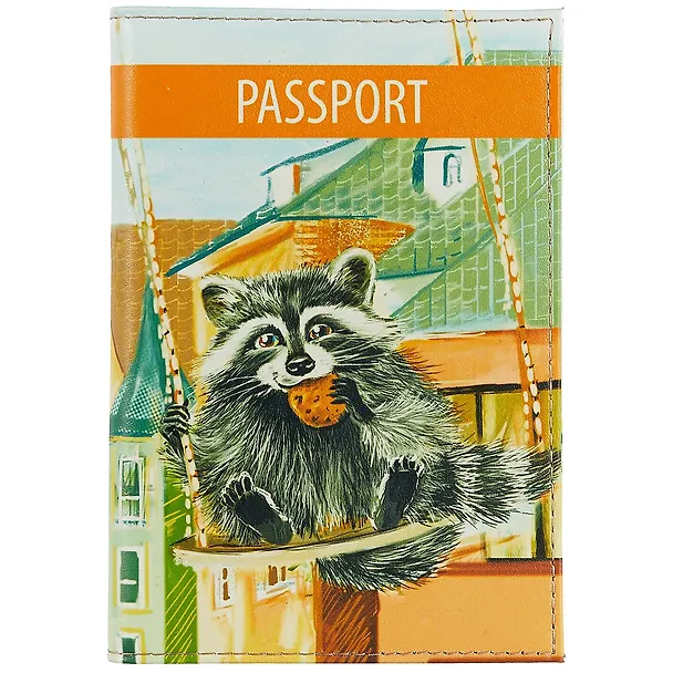 Обложка для паспорта Енот на качелях (кожа) (ПВХ бокс) (ОК2017-09) 2597610 — 1