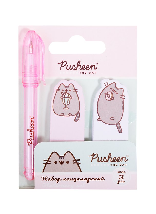 Набор канцелярский "Pusheen" ручка шариковая синяя, блоки для записей самоклеящиеся 2шт, подвес, инд.уп. 256943 — 1