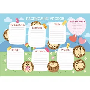 Расписание уроков А4 "Ежики" мел.картон, полноцв.печать, выб.УФ-лак