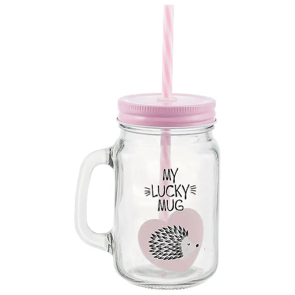 Банка с ручкой и крышкой для коктейлей Ежик My lucky mug (стекло) (450 мл) 2652087 — 1