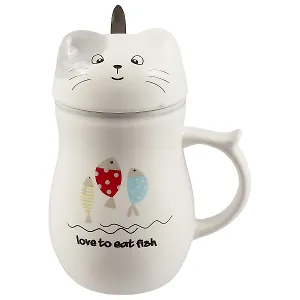 Кружка с крышкой в виде мордочки кота и ложкой (керамика) (450мл) (12-06604-C363)
