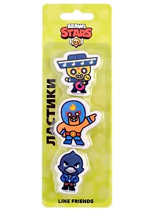 Ластики 3 штуки, "Brawl Stars. Поко, Эль Примо, Ворон" фигурные, блистер