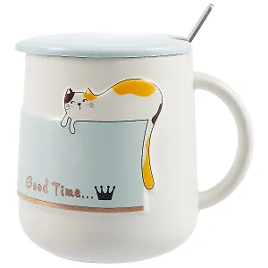 Кружка с крышкой и ложкой Котик объемный Good time (керамика) (450мл) (12-08070-HY-981)