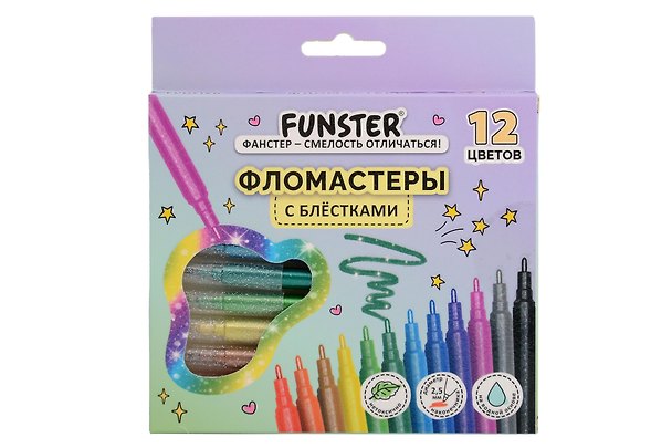 Фломастеры «Glitter» Funster, 12 цветов, с блестками 3154395 — 1