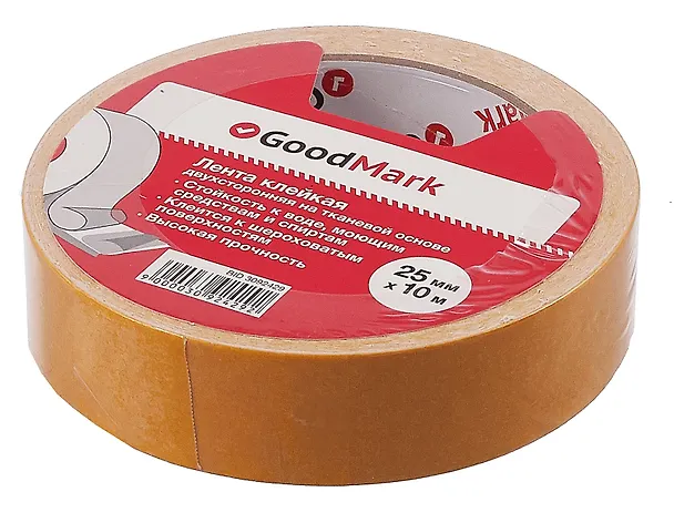 Лента клейкая двусторонняя на тканевой основе, 25 мм х 10 м, GoodMark 3092429 — 2