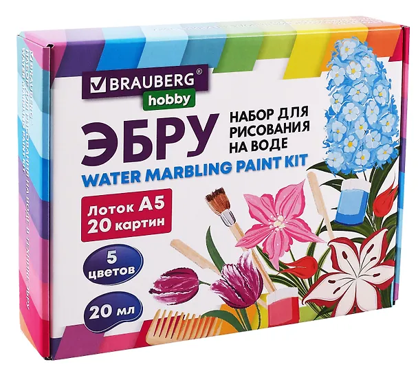Набор для рисования на воде, 5 цветов по 20 мл, 20 картин, Эбру Brauberg Hobby 3083319 — 1