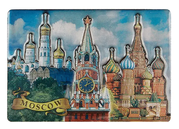 Магнит двойной фольга под смолой Москва.Коллаж.Спасская башня-ХВБ-Колокольня Ивана Великого (025-22-19K7) 3050001 — 1