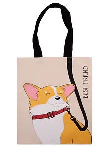 Сумка-шоппер Корги с поводком, бежевая, текстиль 40см.*32см.