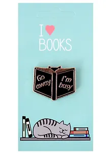 Значок I love books Котик с книгой Go Away Im Busy (металл)