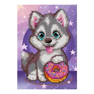 Алмазная мозаика 15*20 детская (неполное заполнение) "Хаски с пончиком" 3078520