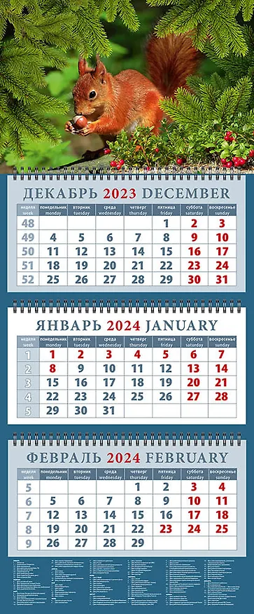 Календарь квартальный 2024г 320*760 "Белка с орехом" настенный, трёхблочный, спираль 2998274 — 1