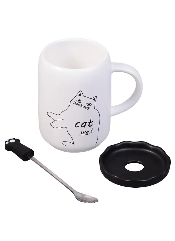 Кружка с крышкой и ложкой-лапкой Cat (керамика) (350мл) 2619257 — 2