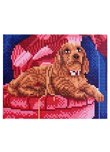 Алмазная мозаика "Рыжий щеночек на розовом стуле", 17х22