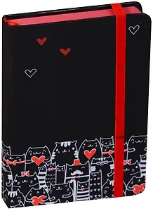 Ежедневник недат. А6 144л "СОФТ-ТАЧ. Коты с сердечками" черный, тв. переплет, цветной срез, на резинке, ляссе, Escalada