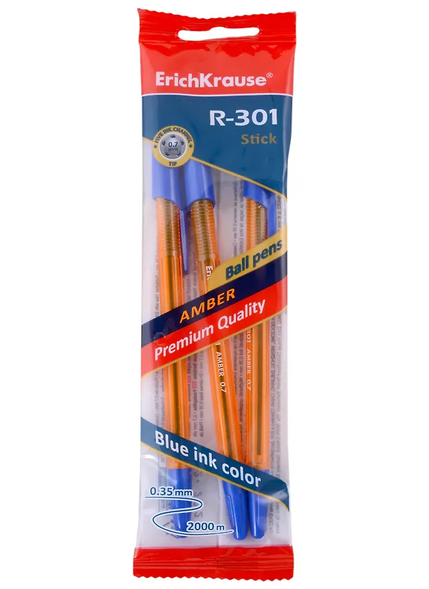 Ручки шариковые Erich Krause, R-301 Amber Stick, синие 0,7 мм 3 штуки 2928626 — 1