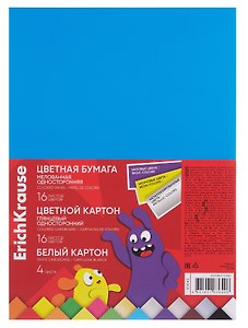 Картон белый 4л А4 + картон цветной 16цв 16л А4 с металлиз.+флюор. + бумага цветная 16цв 16л A4 мел. "Jolly Friends" пластик.папка, ErichKrause