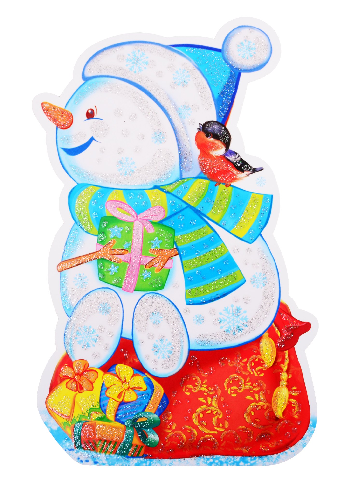 

Плакат вырубной А4 "Снеговичок на мешке с подарками"