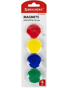 Магниты 04шт 40мм "STANDARD" ассорти, BRAUBERG