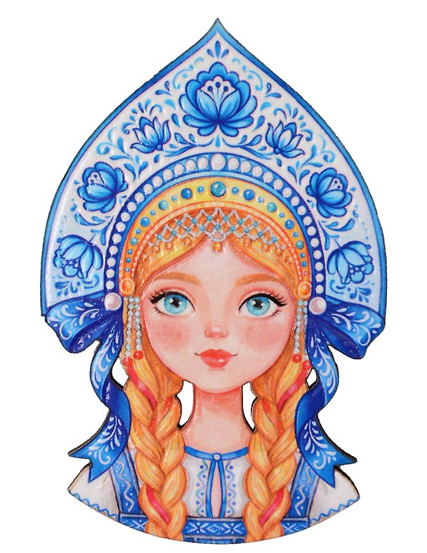 Магнит Девушка в кокошнике Гжель (6х9) (дерево) (м1201) 3181099 — 1