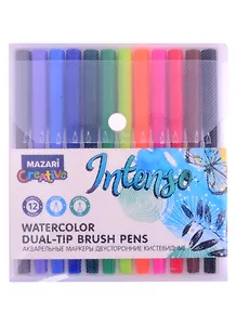 Маркеры акваркльные INTENSO, 12цв, двусторнние, наконечник кисть и перо, пластик.упаковка