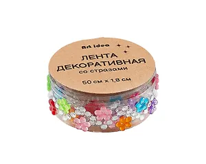 Лента клейкая декоративная со стразами 50х1,8 см, с цветочками
