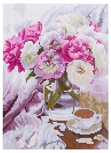 Алмазная мозаика на подрамнике "Утренний кофе и цветы", 30 х 40 см