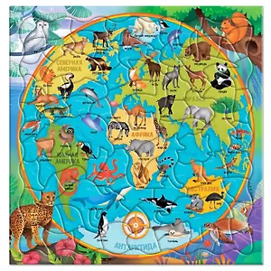 Пазл фигурный на подложке "Карта мира. Животные", 80 деталей