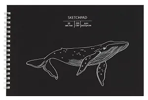 Скетчбук 250*170 20л "Whale" акварел. бумага, 200г/м2, черный дизайнерский картон, тиснение фольг. серебро, евроспираль