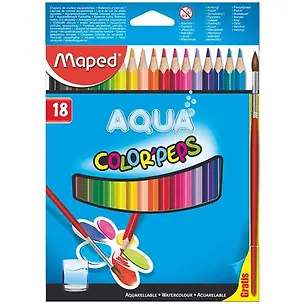 Карандаши цветные Maped, ColorPeps Aqua, акварельные 18 цветов с кисточкой 336162