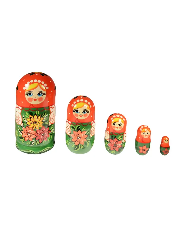 ГС Матрешка 5 кукол С букетом зеленое платье красный платок (18 см) (1195881) 2543911 — 1