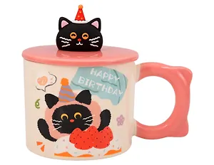 Кружка с крышкой Котик Happy Birthday (розовая) (керамика) (400мл) (12-34466-GD8007)