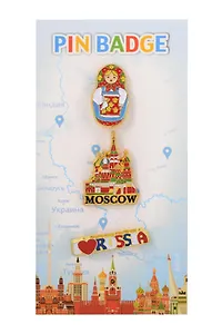 Набор значков эмаль Матрешка,Храм Василия Блаженного,I love Russia (3шт) (Москва) (56-3-34-4)