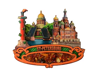 Магнит Цветной янтарь. Коллаж Спас-на-Крови и Мост 2949007