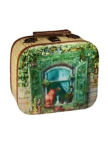 Шкатулка-саквояж дерево Котик на окне (28,5х25х10,5) (42732)