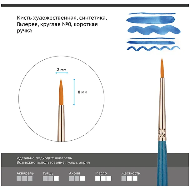 Кисть художественная Галерея, синтетика, круглая, короткая ручка №0, Гамма 256196 — 4