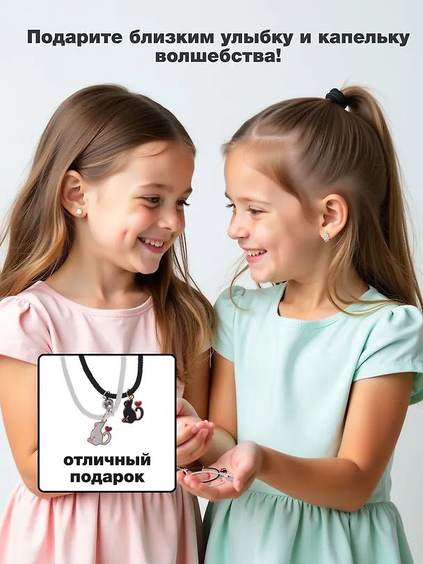 Набор парных браслетов и кулонов Котики (Набор парных браслетов с подвеской Котики+Набор парных кулонов Котики с сердечком) (текстиль, металл) 3090051 — 3
