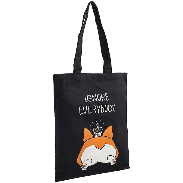 Сумка-шоппер Корги с короной Ignore everybody, черная, текстиль, 40см.*32см. 2775477 — 2