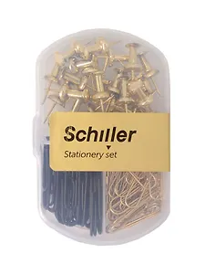 Набор канцелярский: скрепки черные 28 мм 20 штук, скрепки золотые 28 мм 35 штук, кнопки-гвоздики золотые 25 штук, Schiller
