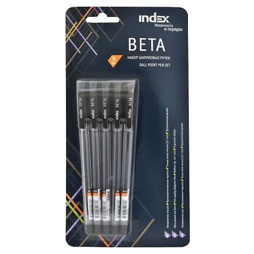 Ручка, шариковая, INDEX BETA, Набор, 5шт, прозрачный корпус, 0,7мм, черные, в блистере 318601 — 1