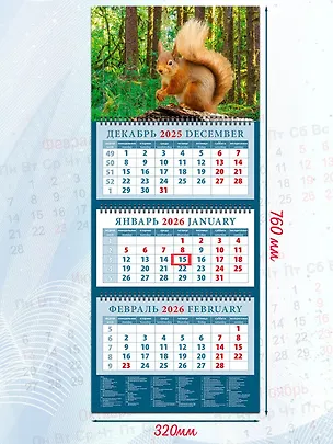 Календарь квартальный 2026г 320*760 «Очаровательная белка в лесу» настенный, трёхблочный, спираль 3108743